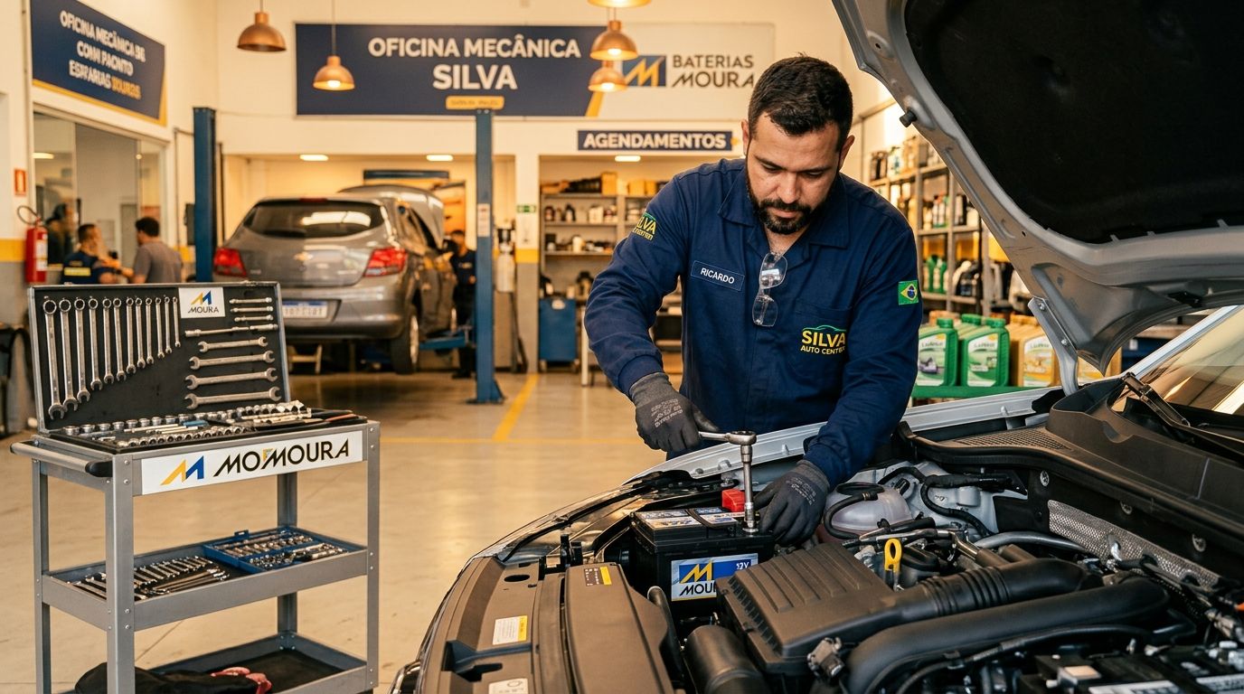 Técnico instalando bateria no motor de um veículo
